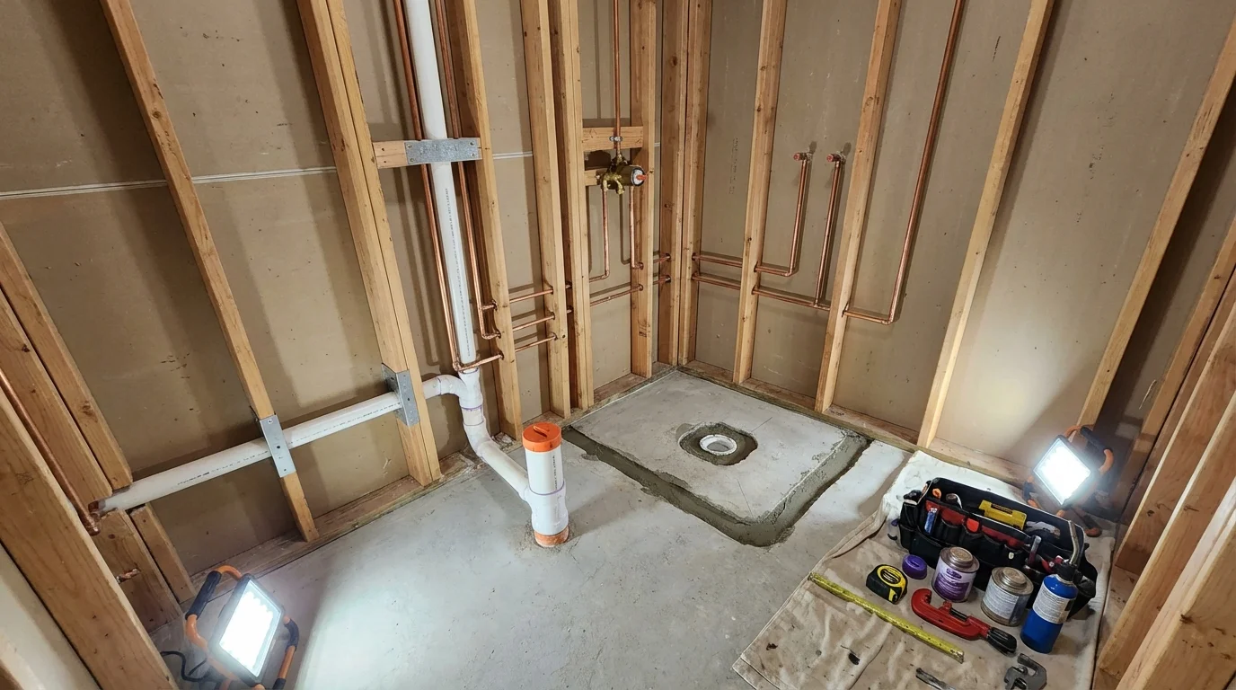 Bathroom rough-in plumbing during remodel by Johns Plumbing LLC in La Monte