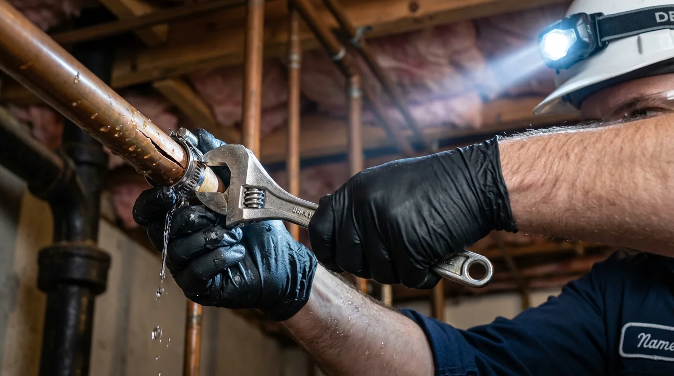 Emergency pipe clamp repair being performed by a Johns Plumbing LLC plumber in La Monte
