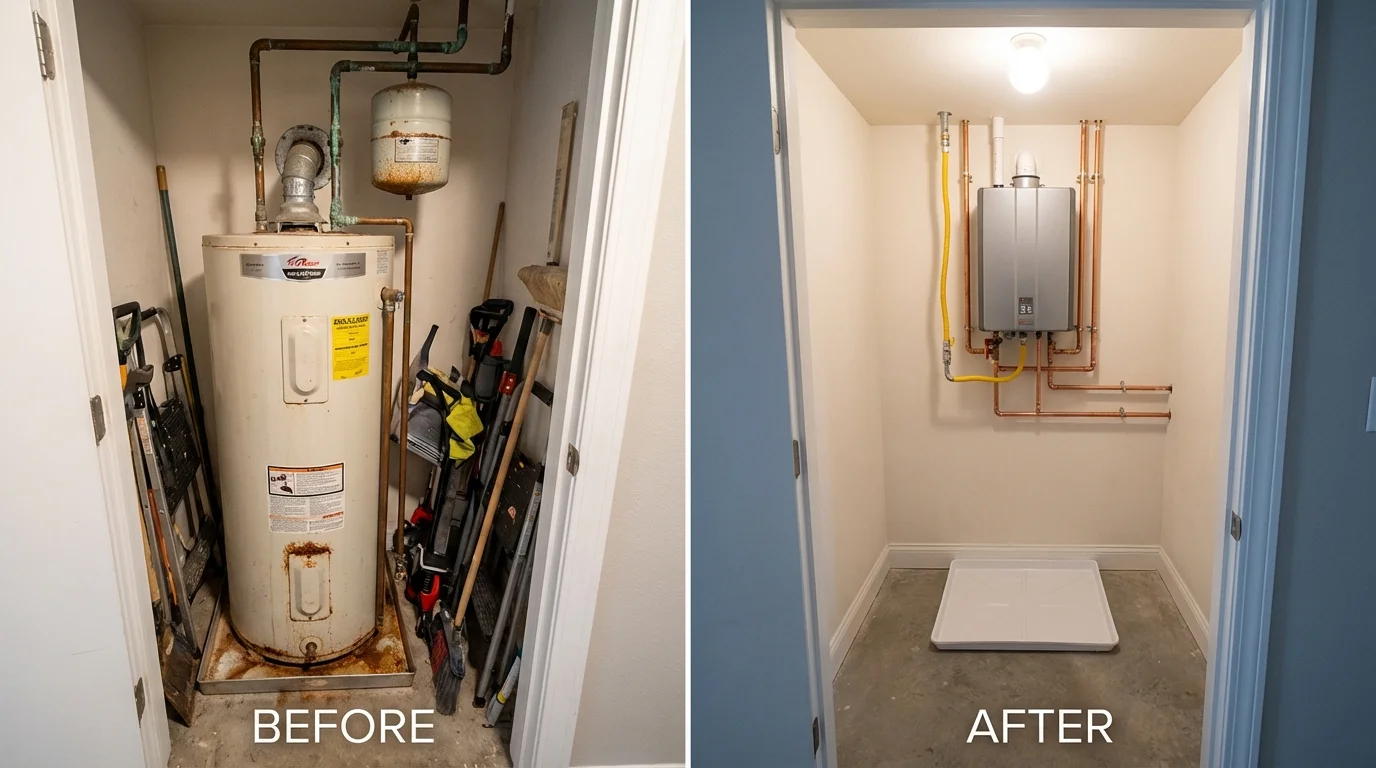 Tank water heater versus wall-mounted tankless unit comparison for La Monte, MO homeowners