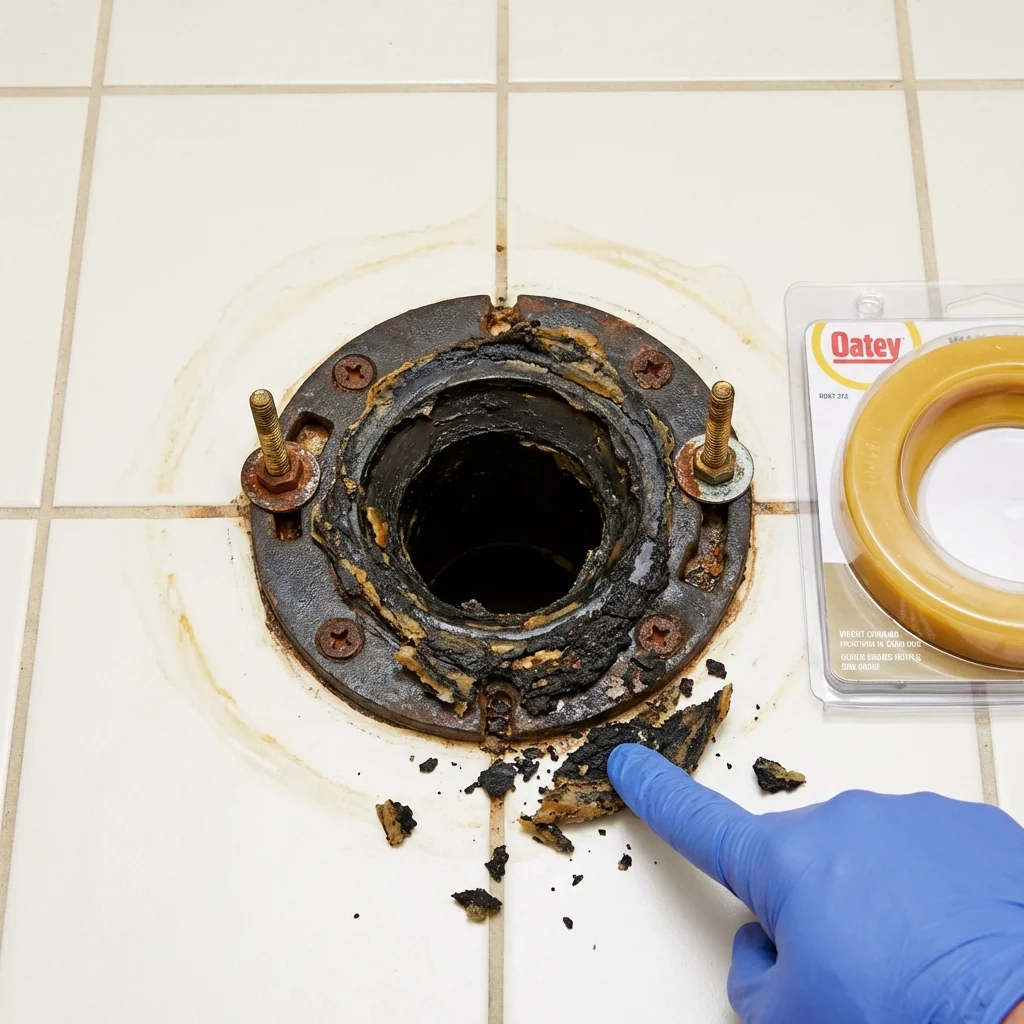 Failed wax ring showing water seepage at the base of a toilet in a La Monte, MO home
