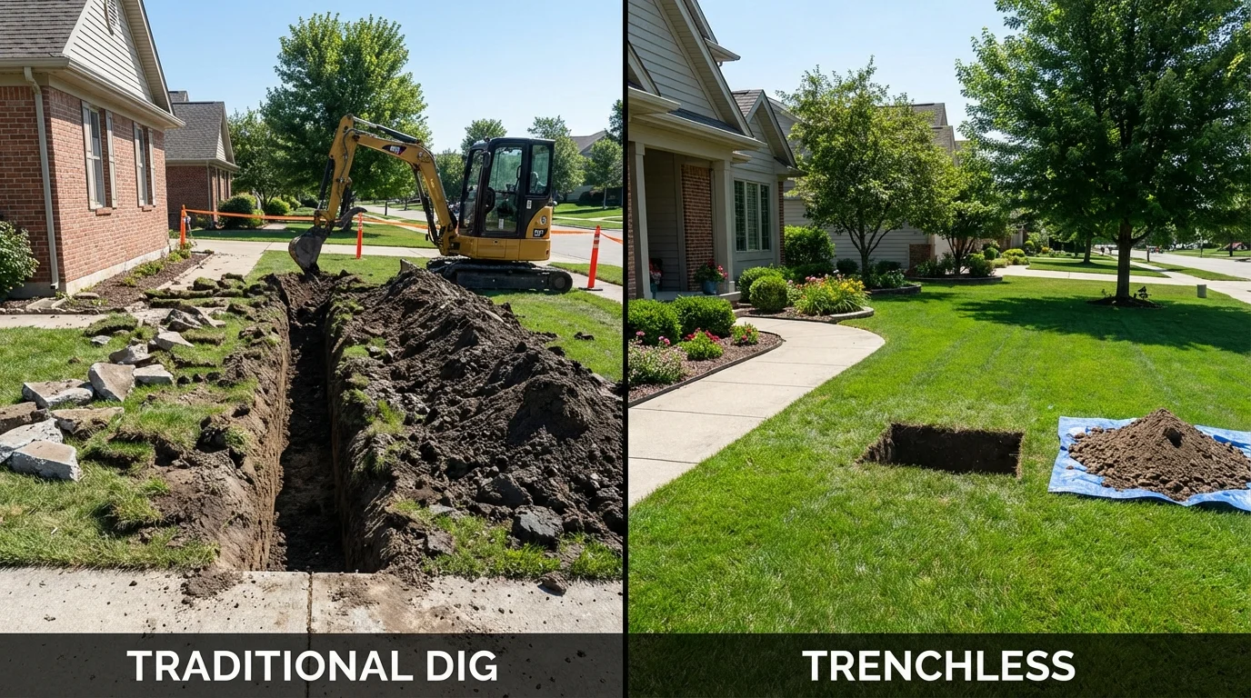 Trenchless sewer repair with minimal yard damage versus traditional excavation in La Monte, MO